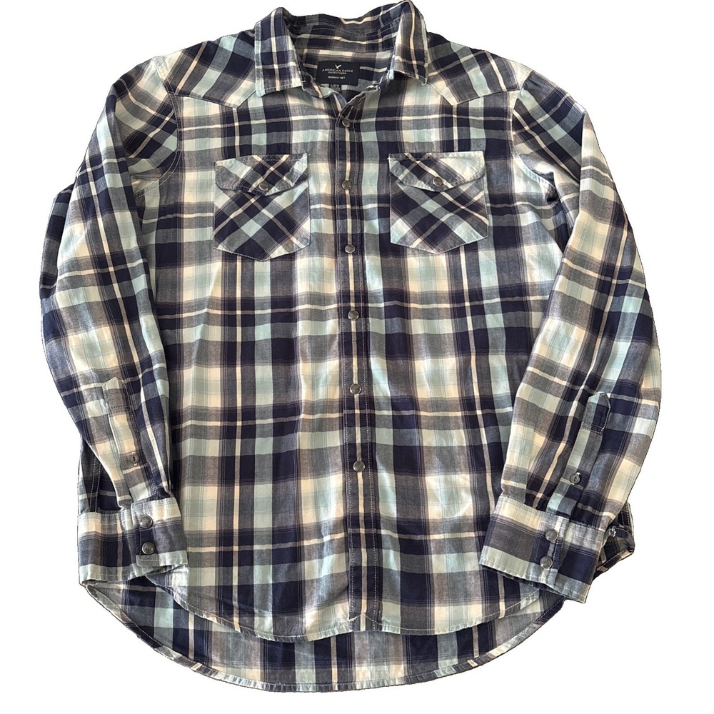 Men's American Eagle L Shirt Western Style Snap Front Cowboy Blue plaid cotton